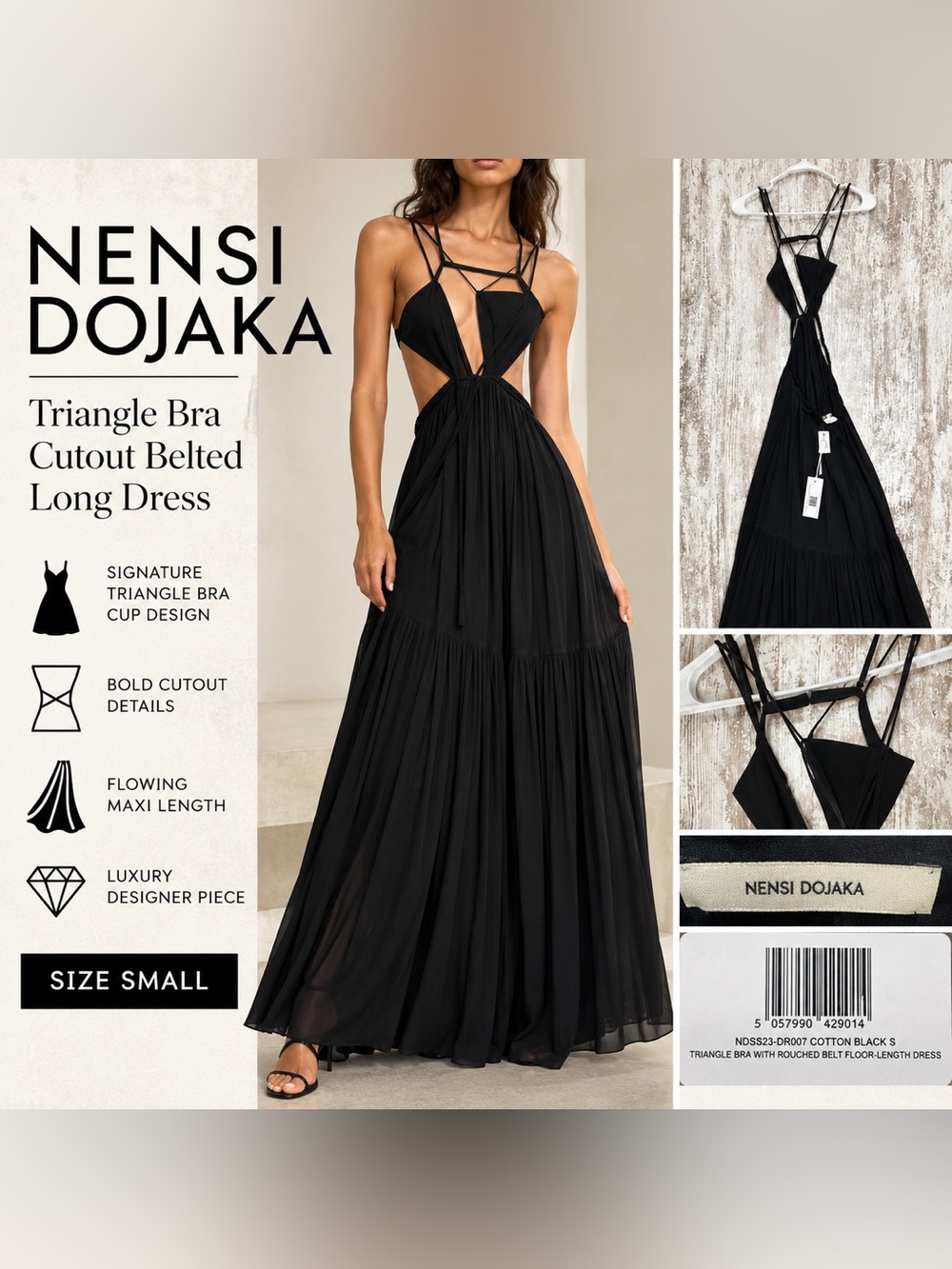 Nensi Dojaka Triangle Bra Cutout Belted Long Dress, Black, Size Small